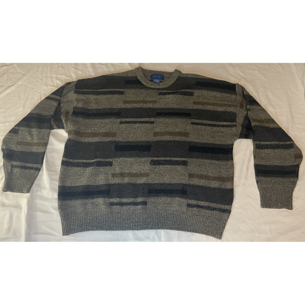 Vintage Towncraft Sweater Mens XL Gray Geometric Knit Crewneck Pullover Acrylic